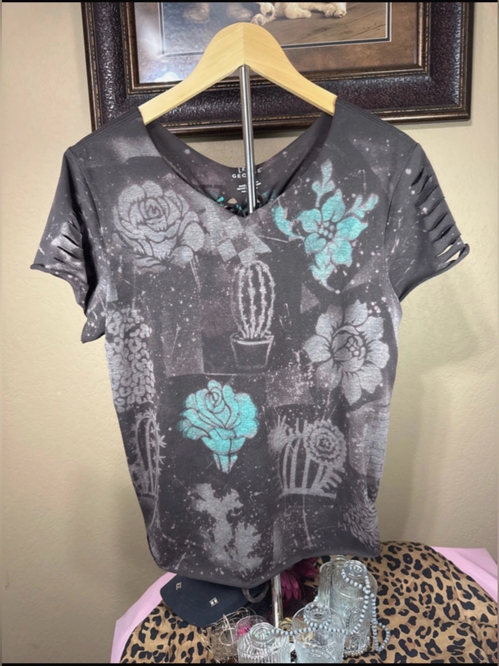 💯 Custom Women's bleached & paint brown Floral & Cactus Graphic Tee w/ Turquoise